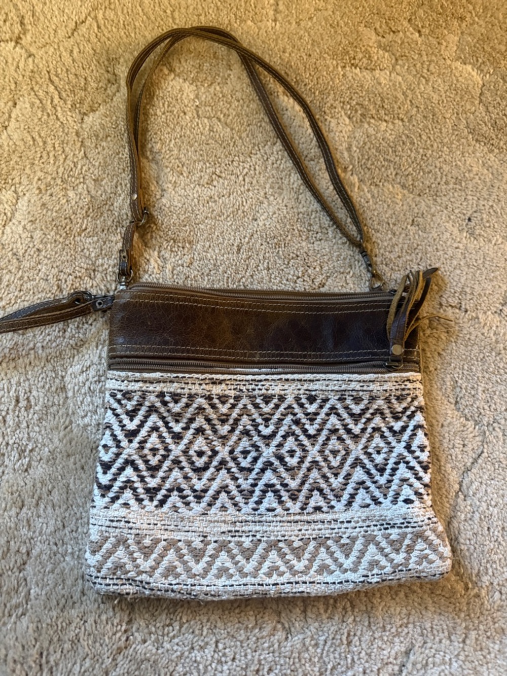 Myra Bag Brown and Cream Woven Crossbody with Leather Trim